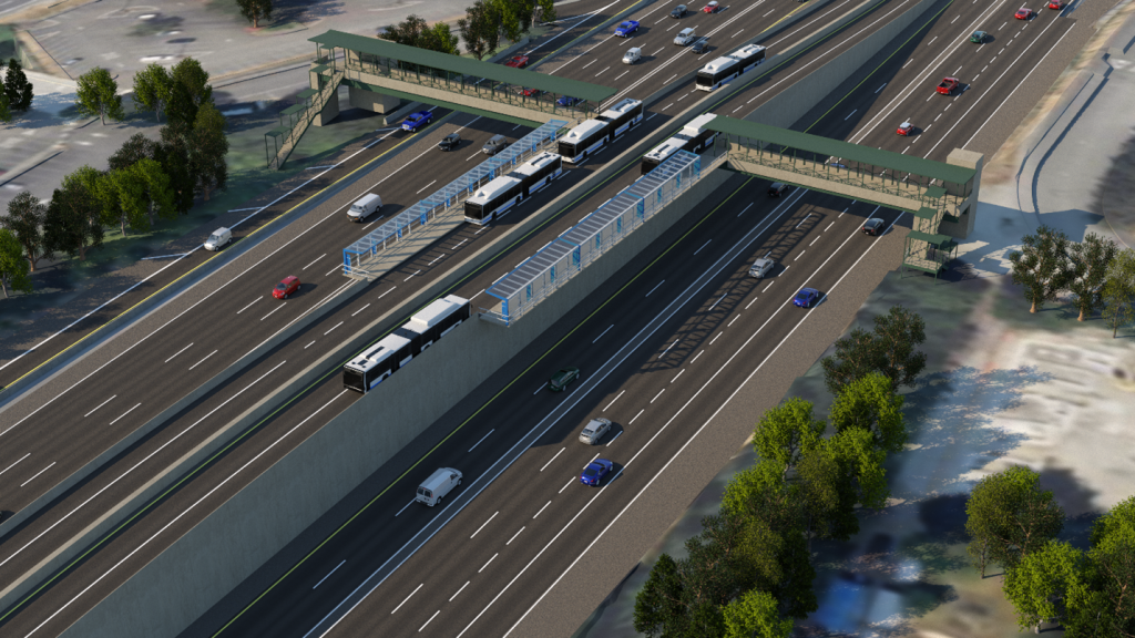 A multi-lane highway showing two Stride stations in the middle of highway lanes. Buses are at both stations going in both directions. Covered walkways over the highway lanes connect the stations to either side of the highway.