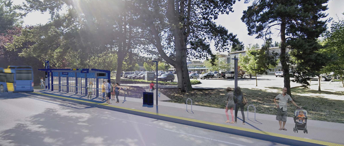 A Stride bus leaves the station in a bus-only lane. Pedestrians, bicyclists, and parked cars are in the station area.