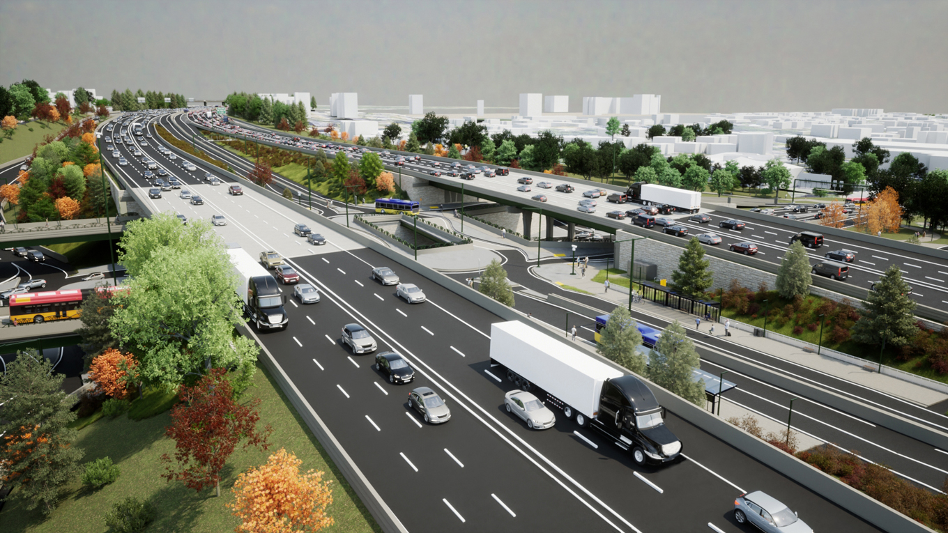 Perspective rendering of the new three-tier I-405 and NE 85th St interchange showing two separate, raised highways with traffic and the city skyline in the background.