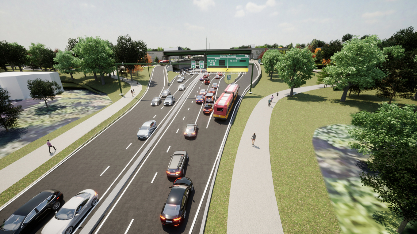 Perspective rendering of the new three-tier I-405 and NE 85th St interchange showing a roundabout with cars between two overpasses.