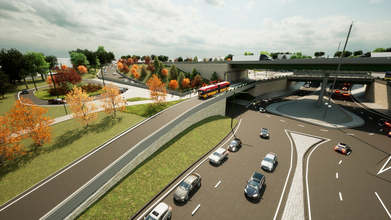Perspective rendering of the new three-tier I-405 and NE 85th St interchange showing a roundabout with cars under an overpass.