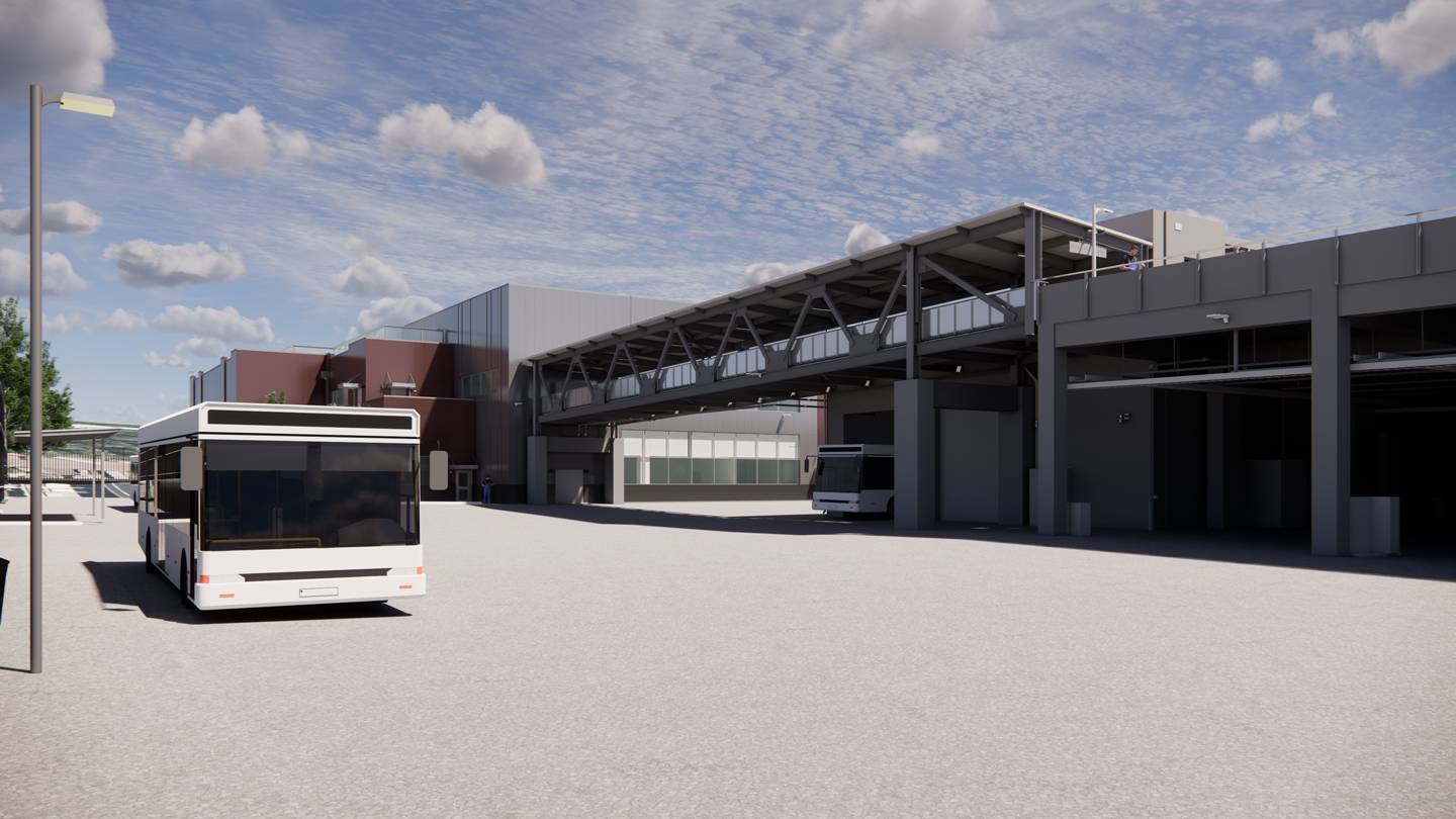 Ground-level perspective rendering of Stride bus parked inside Bus Operations and Maintenance Facility parking structure.