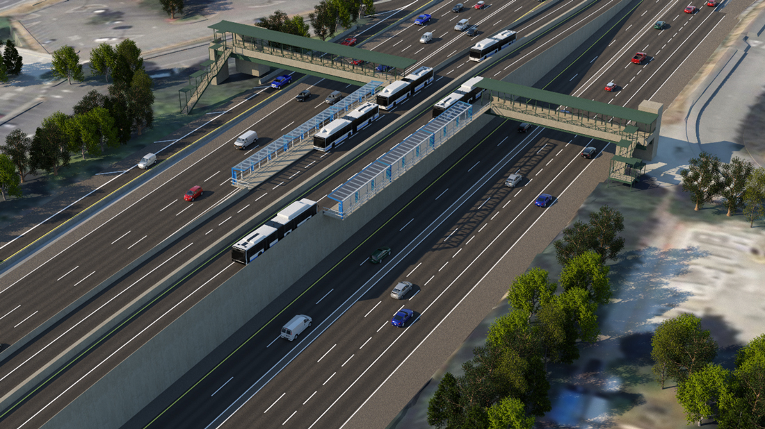 A multi-lane highway showing two Stride stations in the middle of highway lanes. Buses are at both stations going in both directions. Covered walkways over the highway lanes connect the stations to either side of the highway.