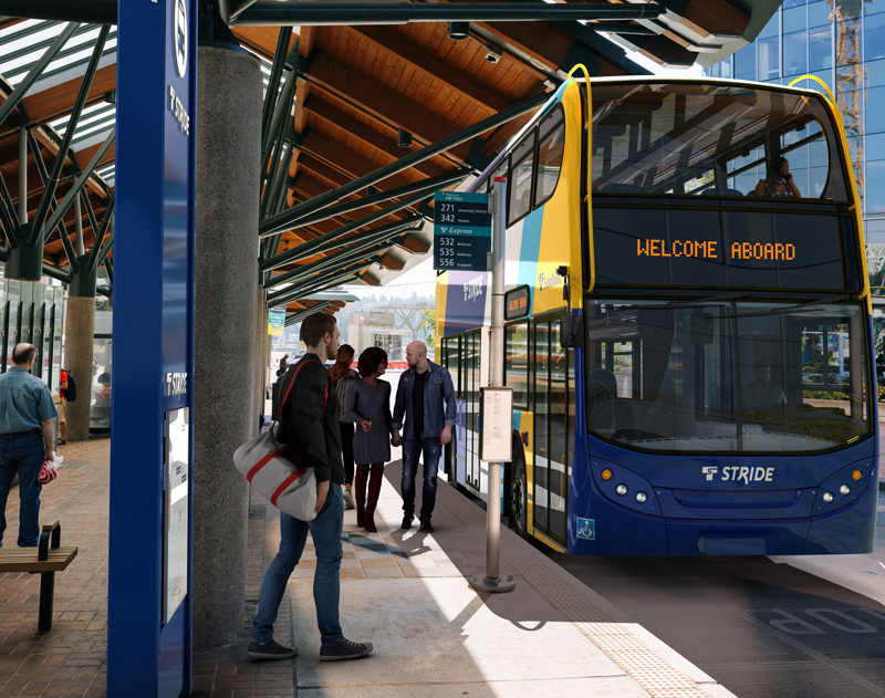 A double-decker Stride bus arriving at the Bellevue Transit Center.