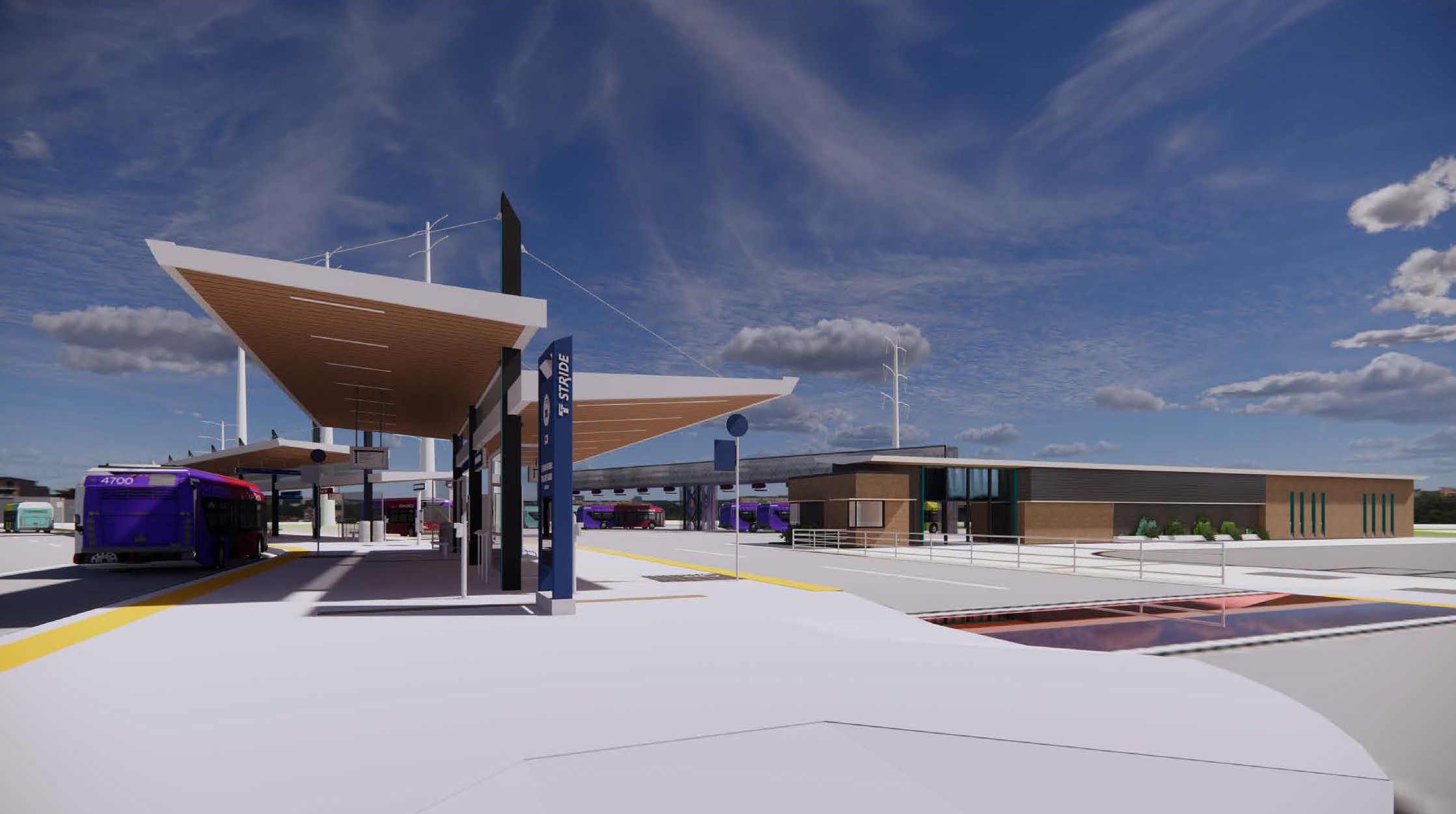 Rendering of bus parked at a branded, covered bus bay island with a transit facility in the background.