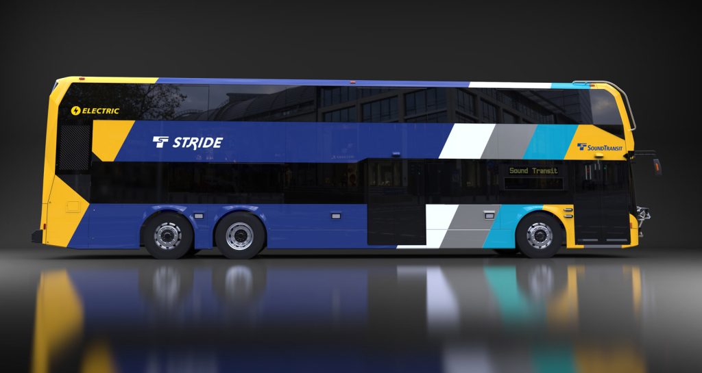 Illustration of Stride’s double-decker buses from the front and side of the bus. The bus exterior includes yellow, light blue, gray, white, and dark blue stripes as well as the Sound Transit and Stride logos.