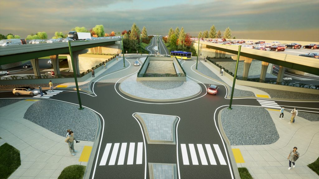 Perspective rendering of the new three-tier I-405 and NE 85th St interchange showing two highways approaching an overpass and exit and entrance ramps with traffic.