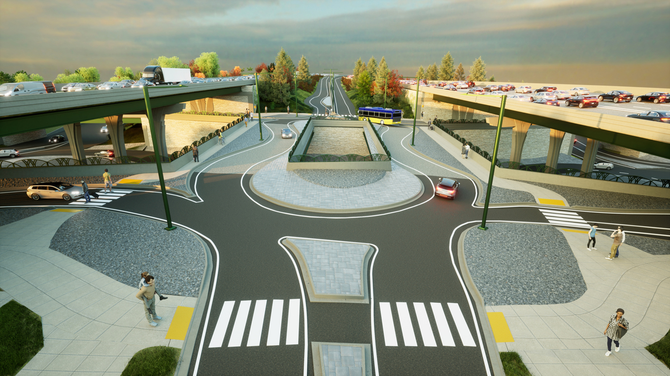 Perspective rendering of the new three-tier I-405 and NE 85th St interchange showing two highways approaching an overpass and exit and entrance ramps with traffic.