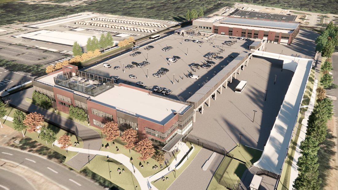 Aerial perspective rendering of Bus Operations and Maintenance Facility administrative building, parking structure, and bus maintenance building.