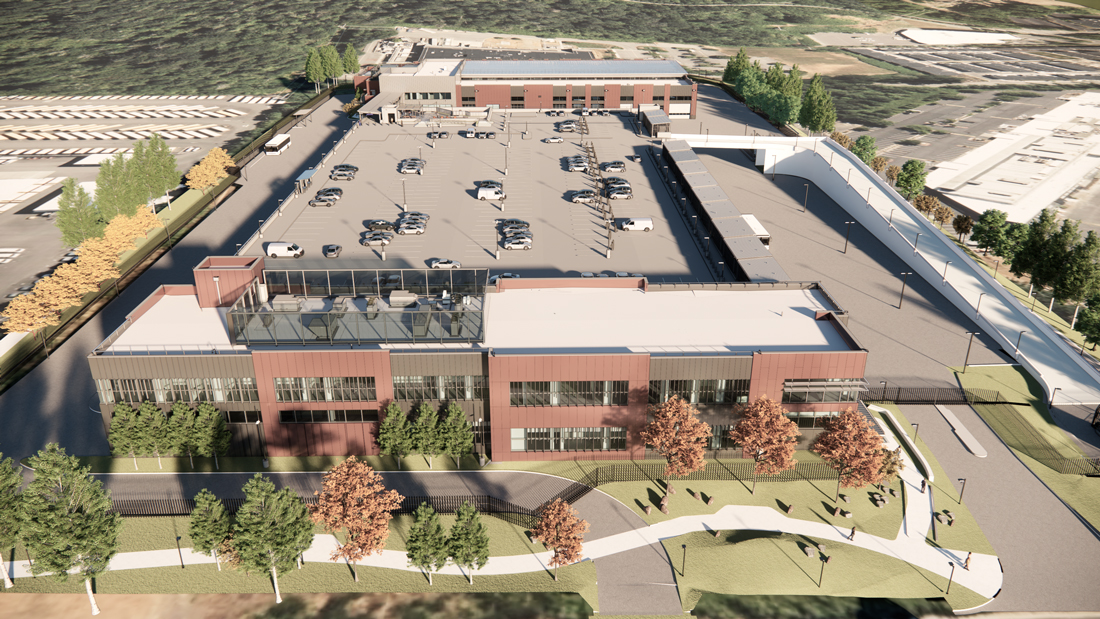 Aerial perspective rendering of Bus Operations and Maintenance Facility administrative building, parking structure, and bus maintenance building.