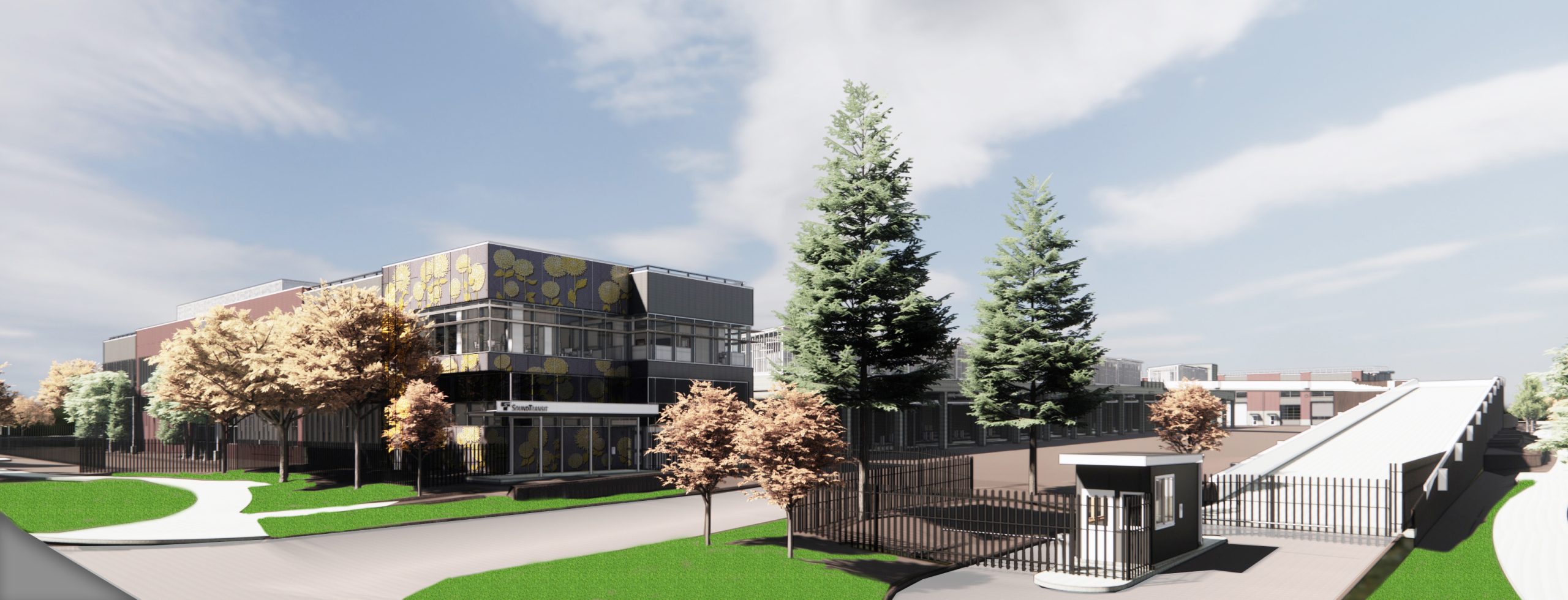 Ground-level perspective rendering of Bus Operations and Maintenance Facility guard house and entrance, administrative building, and parking structure.
