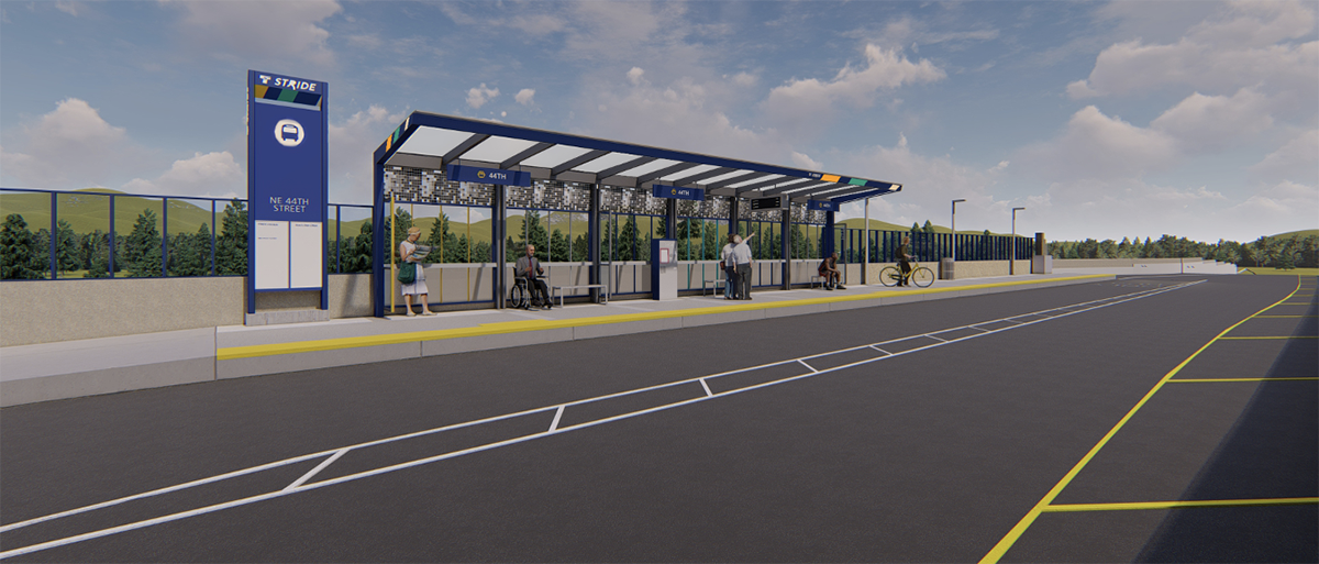 Stride station next to a road during the day showing large signage, a covered shelter, and lighting.