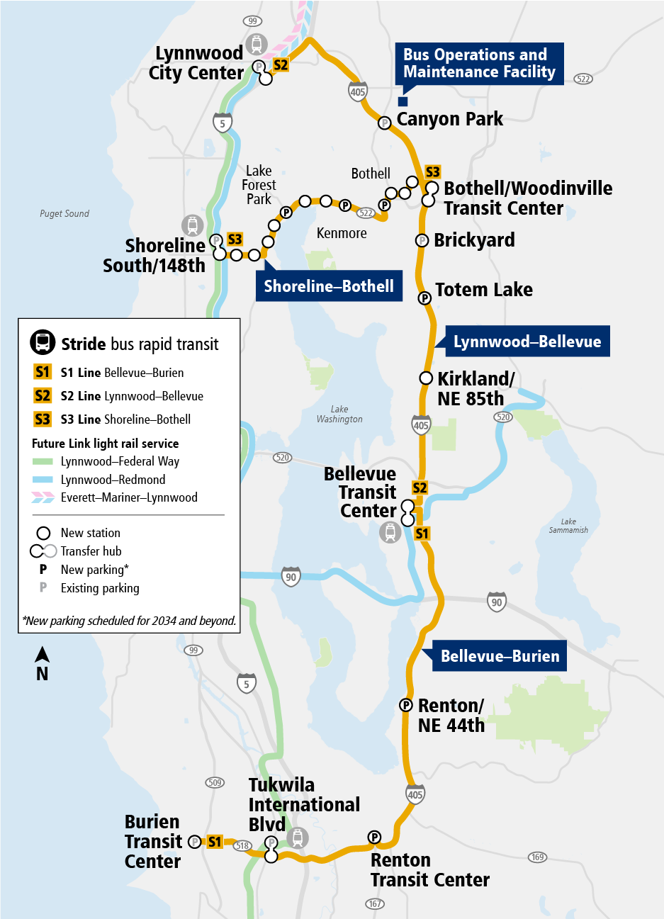 The Stride program map shows the S1 Line (Burien to Bellevue), S2 Line (Bellevue to Lynnwood), and S3 Line (Shoreline to Bothell). See the “What is Stride?” section to learn more about the routes.