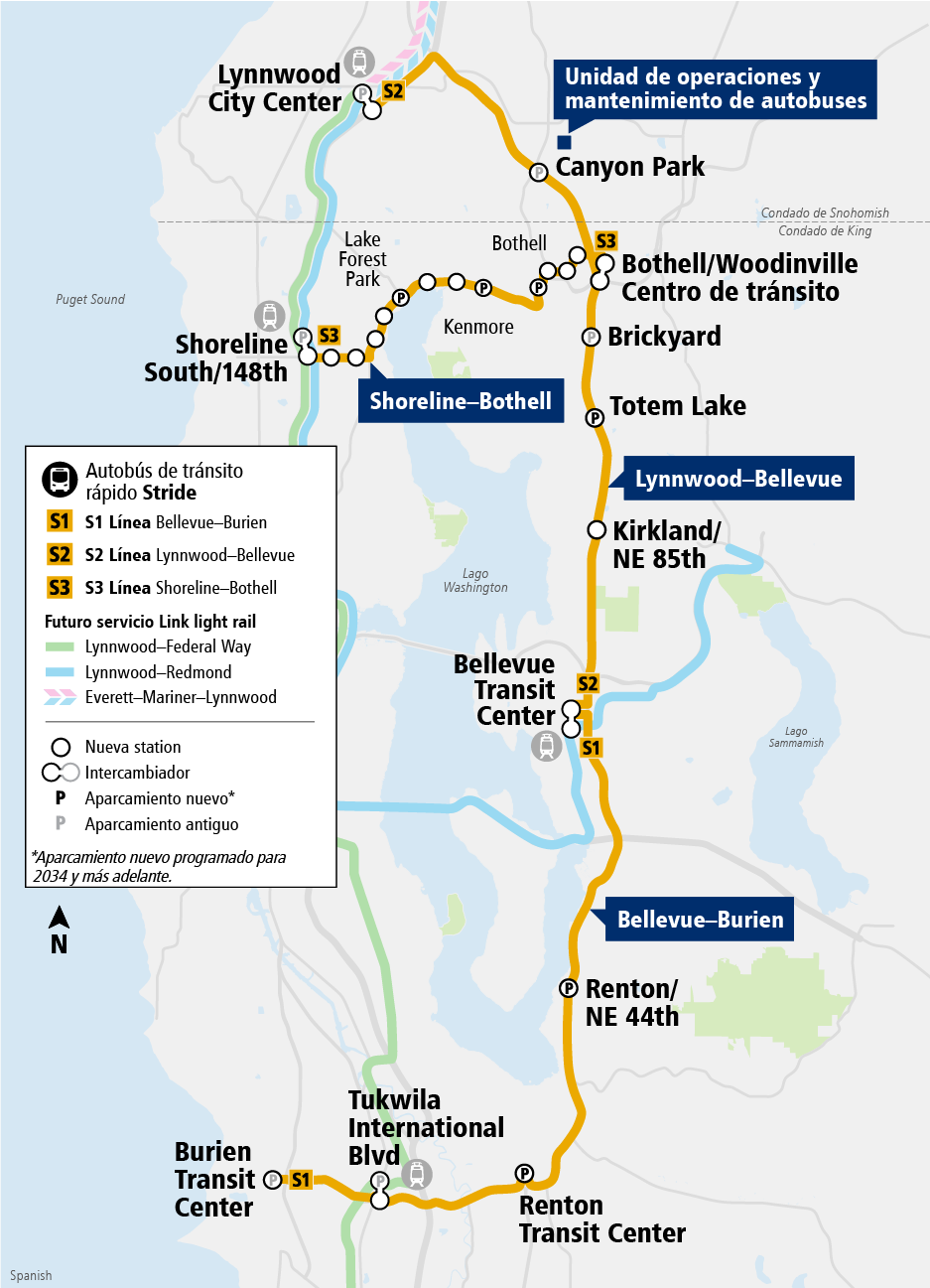 El mapa del programa Stride muestra las líneas S1 (de Burien a Bellevue), S2 (de Bellevue a Lynnwood) y S3 (de Shoreline a Bothell). Consulte la sección "¿Qué es Stride?" para obtener más información sobre las rutas.