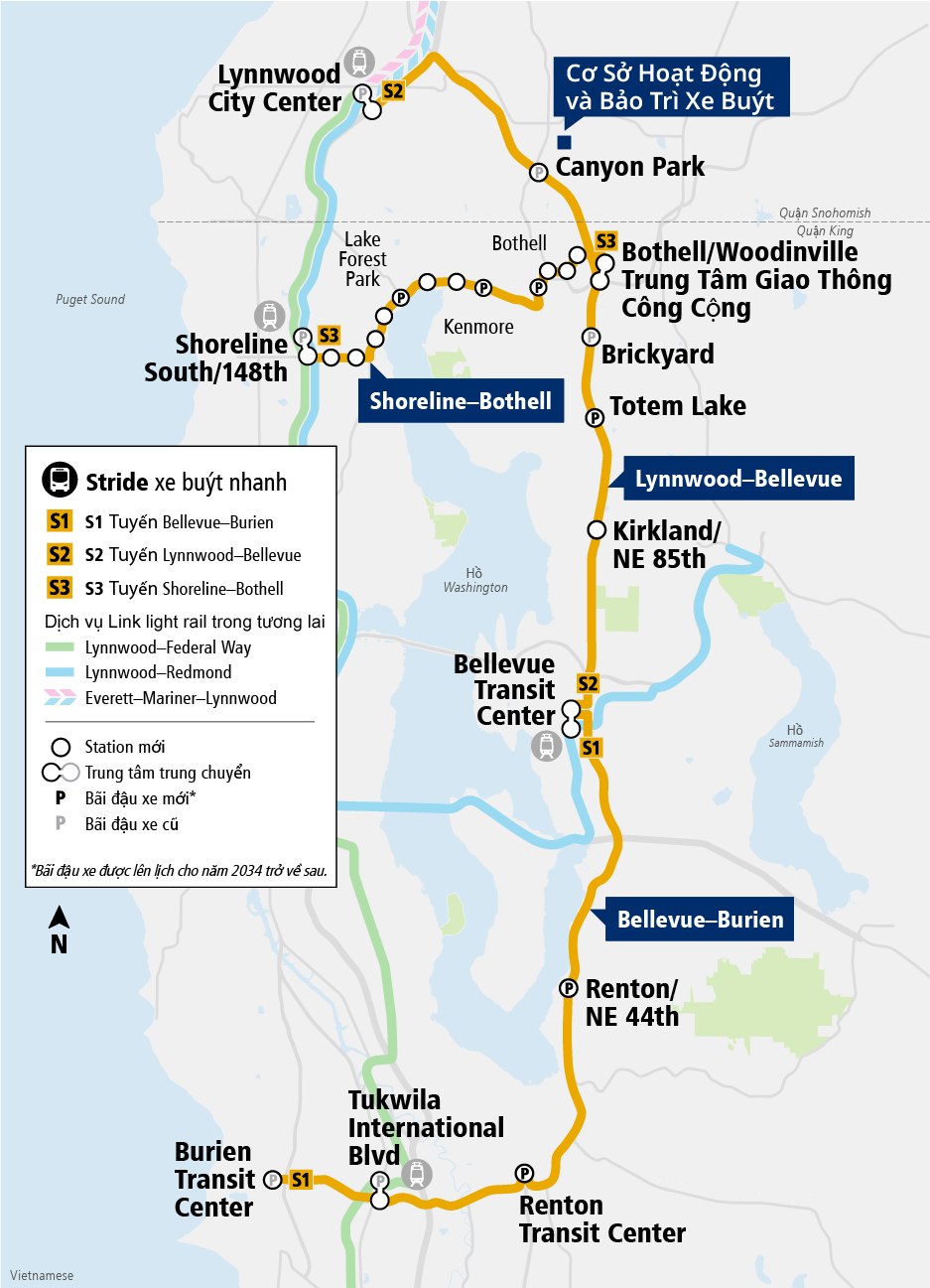 Bản đồ chương trình Stride cho thấy Tuyến S1 (từ Burien tới Bellevue), Tuyến S2 (từ Bellevue tới Lynnwood) và Tuyến S3 (từ Shoreline tới Bothell). Xem phần “Stride là gì?” để tìm hiểu thêm về các tuyến đường.